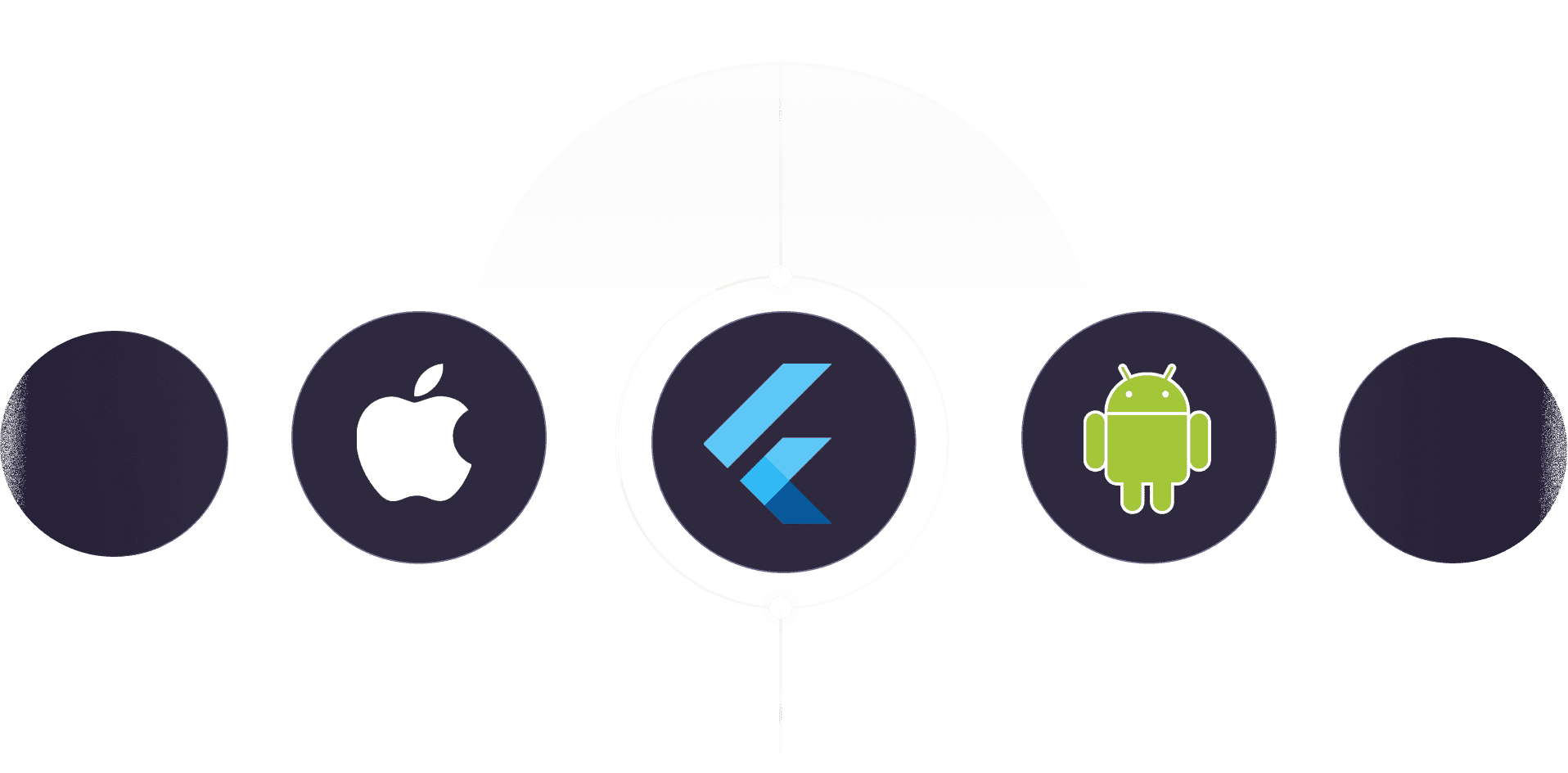Flutter-Logo in der Mitte, flankiert von den durch Linien verbundenen Apple- und Android-Logos, die die plattformübergreifende Integration symbolisieren.