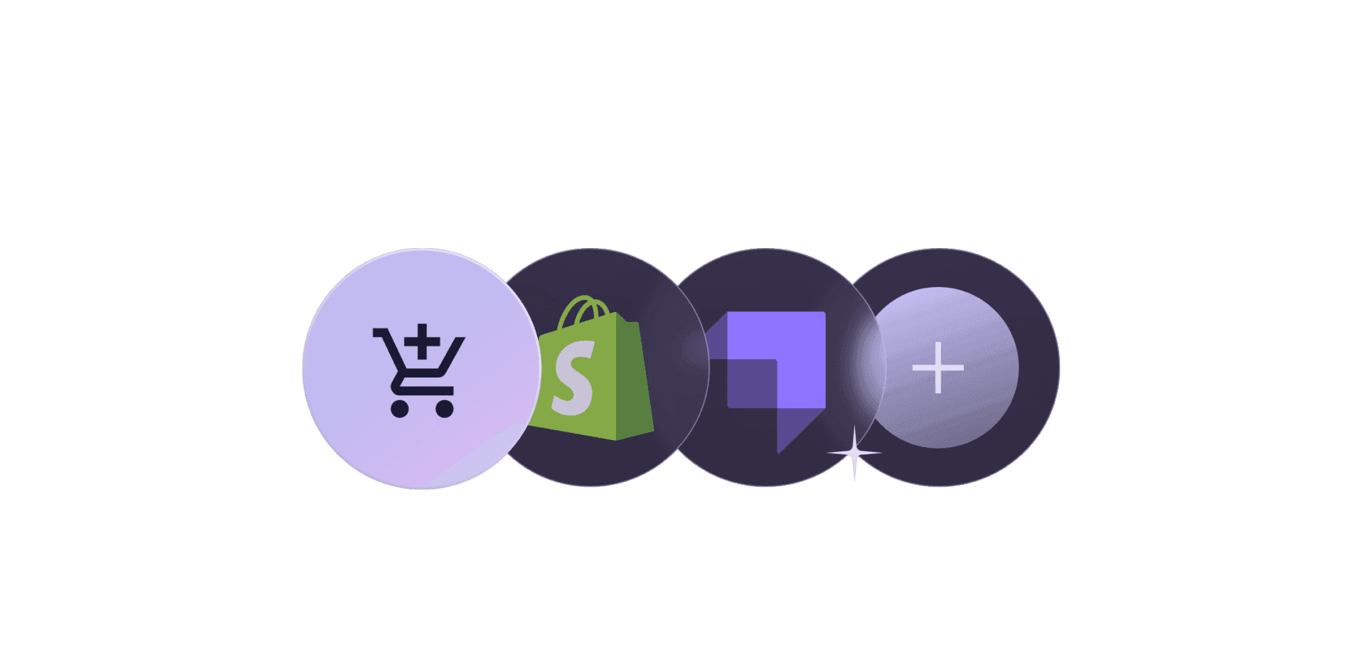 Vier Symbole auf dunklem Hintergrund: ein Einkaufswagen, das Shopify-Logo, eine Chat-Blase und ein Pluszeichen.